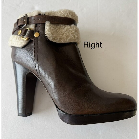 Miu Miu Shearling Lined Brown Leather Ankle Boots SIZE 9.5 Buckle Strap Designer - Picture 10 of 16